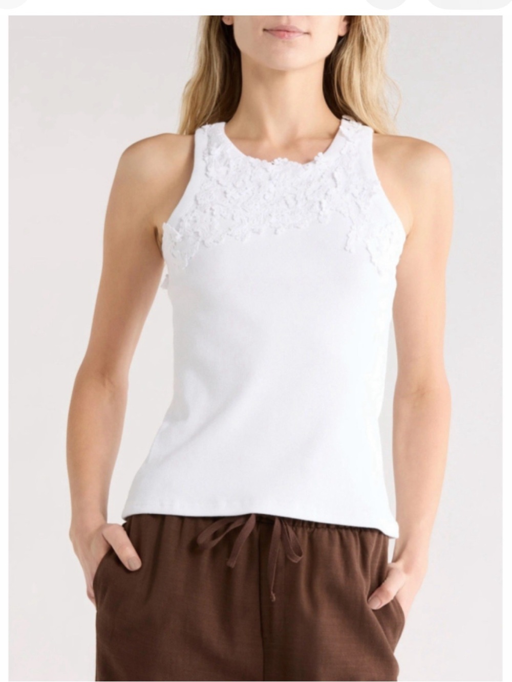 Caroline Constas White Floral Applique Ribbed Tank Top Large